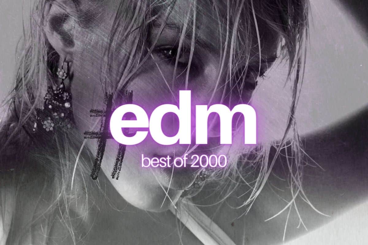 Black and white picture of a beautiful woman with the text "EDM best of 2000" written on it.