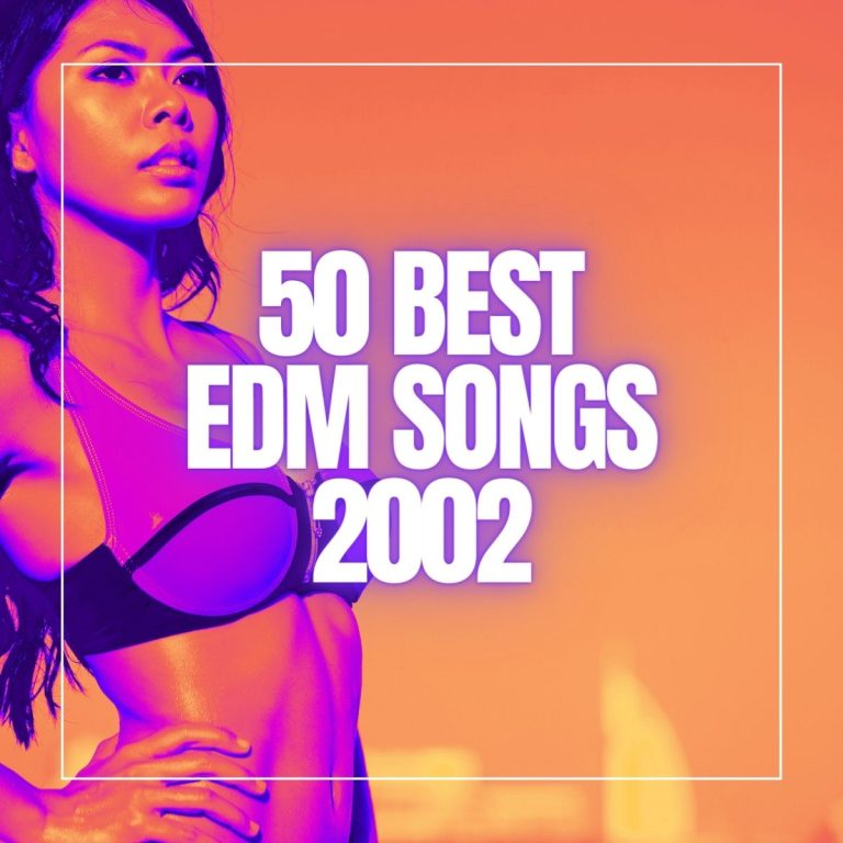 Beautiful woman in bikini on the beach with her hand in her side with the text 50 best EDM songs 2002.