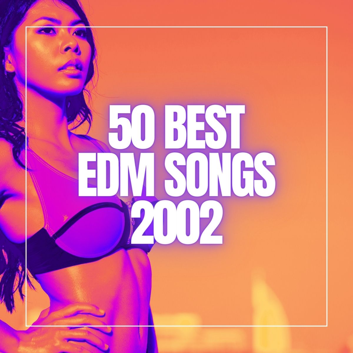 Beautiful woman in bikini on the beach with her hand in her side with the text 50 best EDM songs 2002.