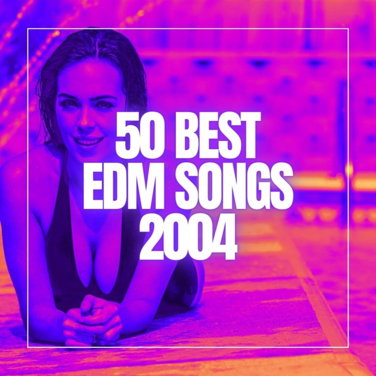 Beautiful woman lying in bikini on her belly at the edge of the pool with the text 50 best EDM songs 2004.