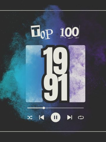 Dark background with the text "top 100 1991" on it and an abstract powder cloud with beautiful colors.