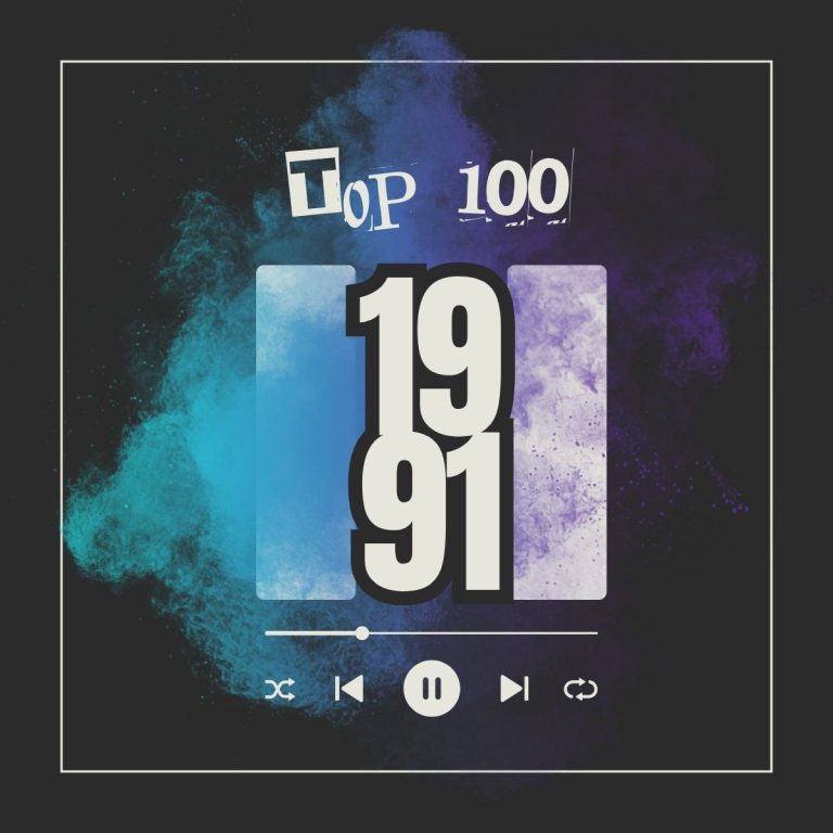 Dark background with the text "top 100 1991" on it and an abstract powder cloud with beautiful colors.
