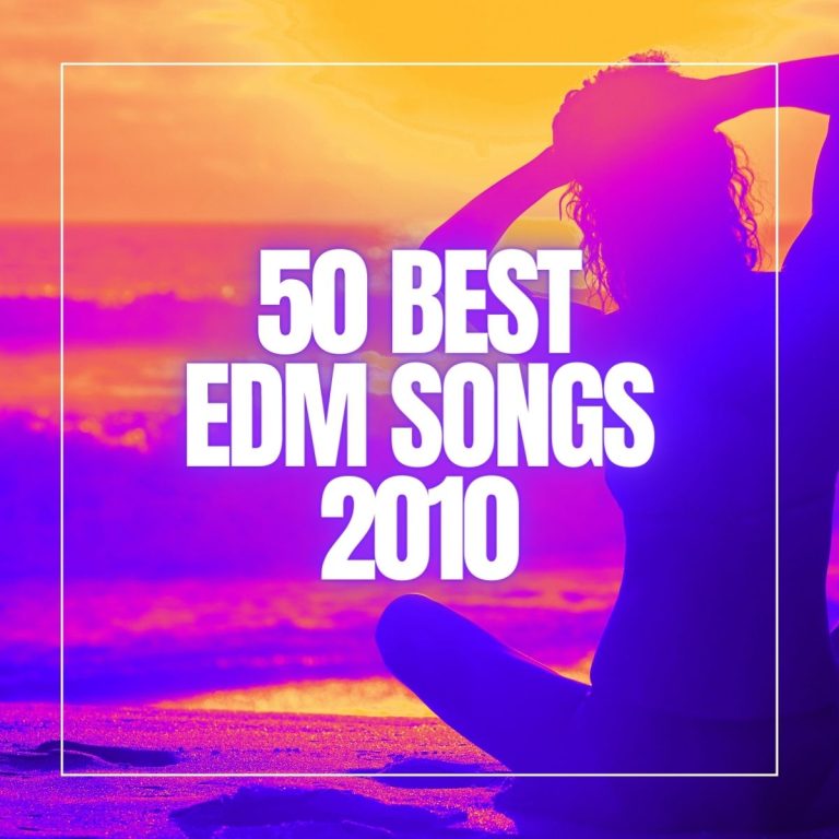 Young woman sitting in bikini on beach in surf and sunset with the words 50 best EDM songs 2010.