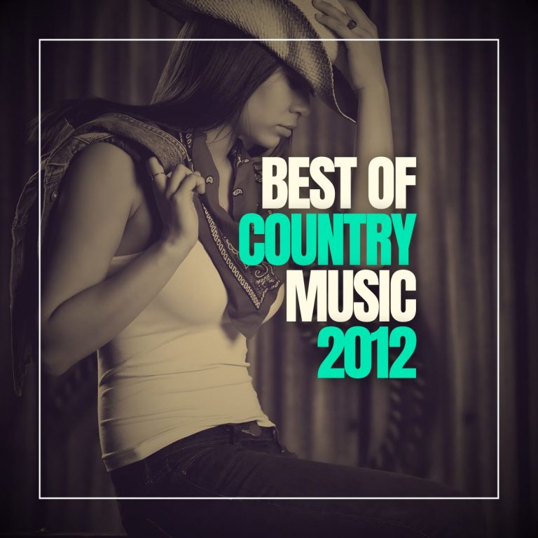 Beautiful country girl in jeans with white top and a cowboy hat on sitting in a barn with the words best of country music 2012.