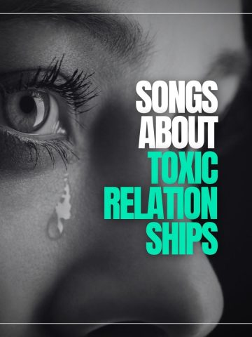 Woman with a tear rolling out of her eye with the words songs about toxic relationships.