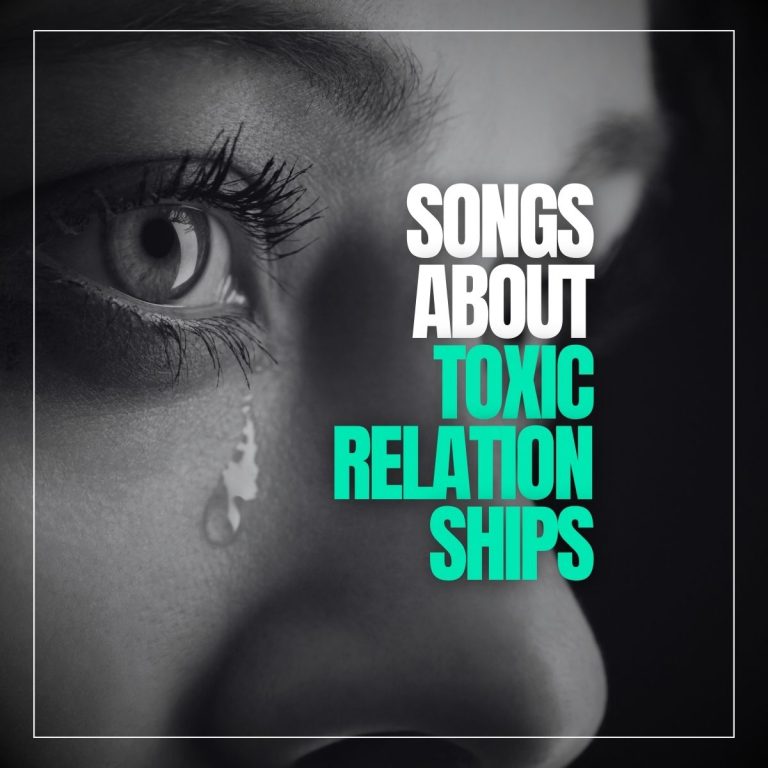 Woman with a tear rolling out of her eye with the words songs about toxic relationships.