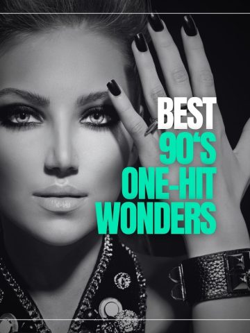 Beautiful woman with beautiful makeup hand slanted in front of her head and the text best 90s one-hit wonders.