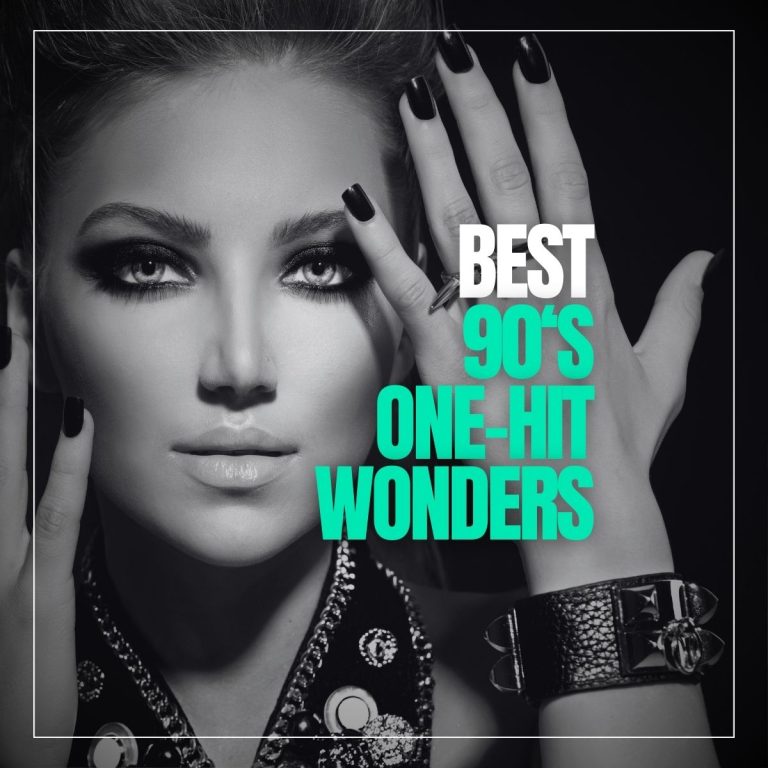 Beautiful woman with beautiful makeup hand slanted in front of her head and the text best 90s one-hit wonders.