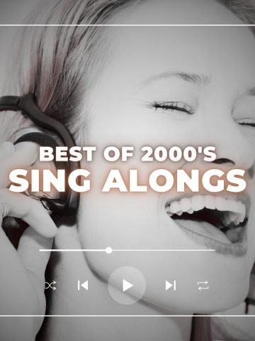 Beautiful woman singing along passionately with her darling songs with her eyes closed and headphones on. With the words best of 2000s sing alongs.