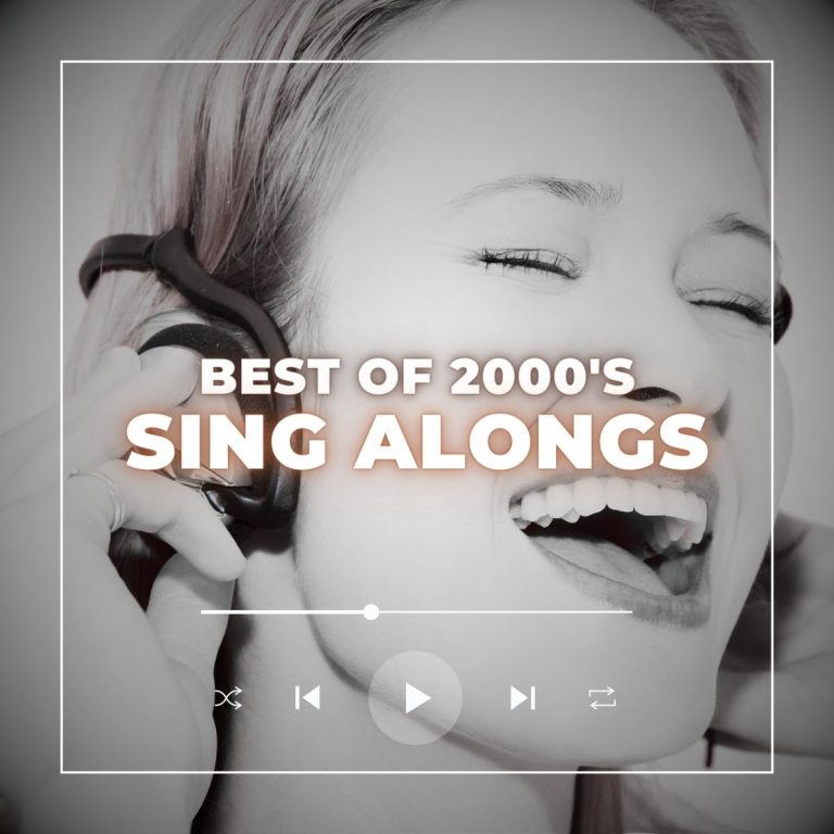Beautiful woman singing along passionately with her darling songs with her eyes closed and headphones on. With the words best of 2000s sing alongs.