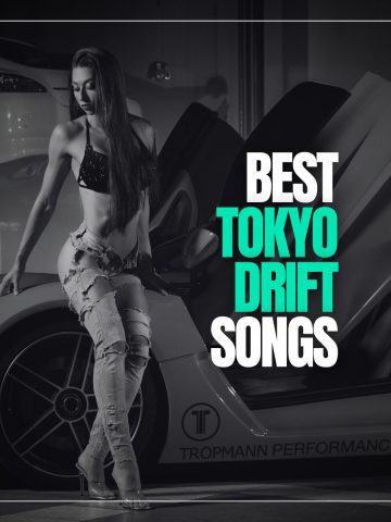 Beautiful young woman in jeans with high heels and a bra leaning against a beautiful sports car and the text the best Tokyo drift songs.
