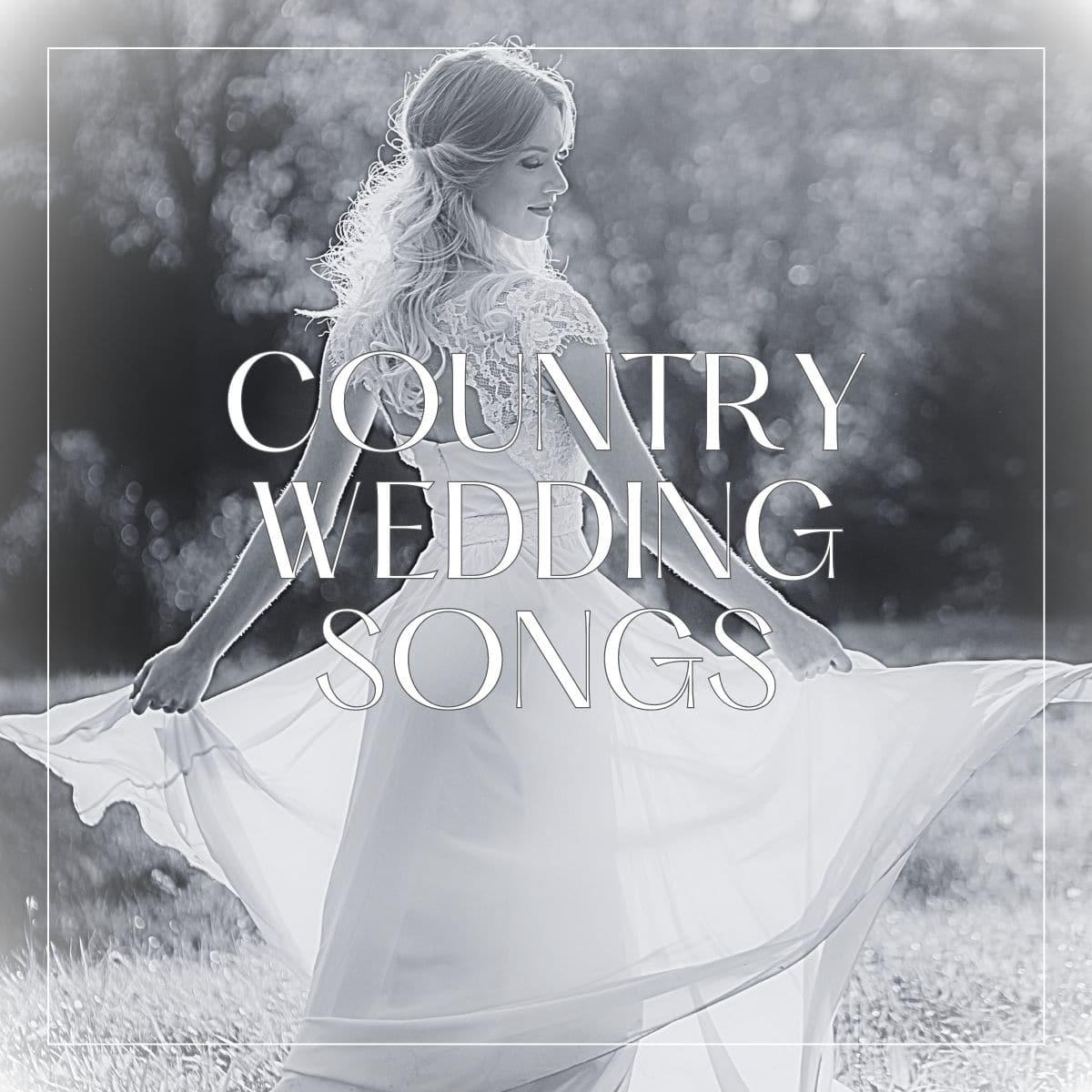 Beautiful bride on a grass lawn in the sun, twirling her wedding dress with the words "County Wedding Songs