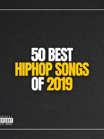 Dark gray background with the text 50 best hip-hop songs of 2019 in white and yellow and a label with parental advisory for explicit content.