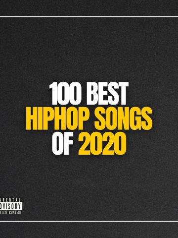 Dark gray background with the text 100 best hip-hop songs of 2020 in white and yellow and a label with parental advisory for explicit content.