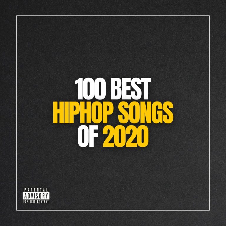 Dark gray background with the text 100 best hip-hop songs of 2020 in white and yellow and a label with parental advisory for explicit content.