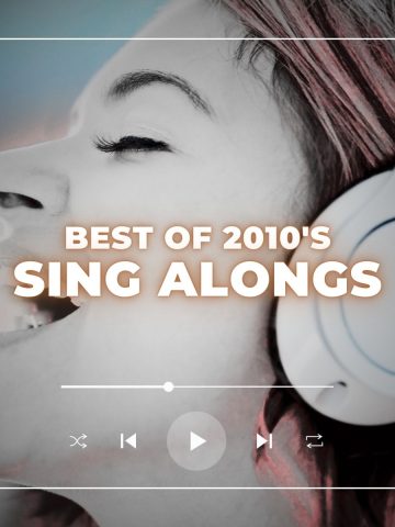 Young woman with headphones sings along to her favorite songs with her eyes closed! Along with the words best of 2010s sing-alongs.