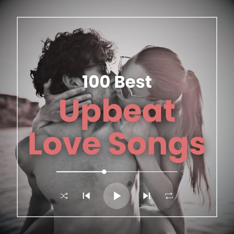 Beautiful couple in love wearing sunglasses kissing each other intimately by the water. With the text '100 best upbeat love songs' written on it.