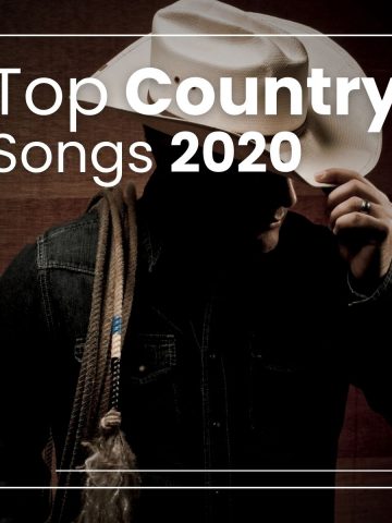 Cowboy holding his hat with his fingers and a lasso around his shoulder with the text "top country songs 2020".
