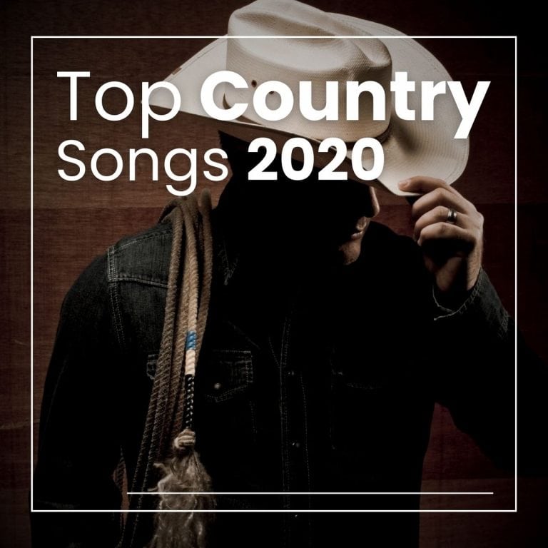 Cowboy holding his hat with his fingers and a lasso around his shoulder with the text "top country songs 2020".