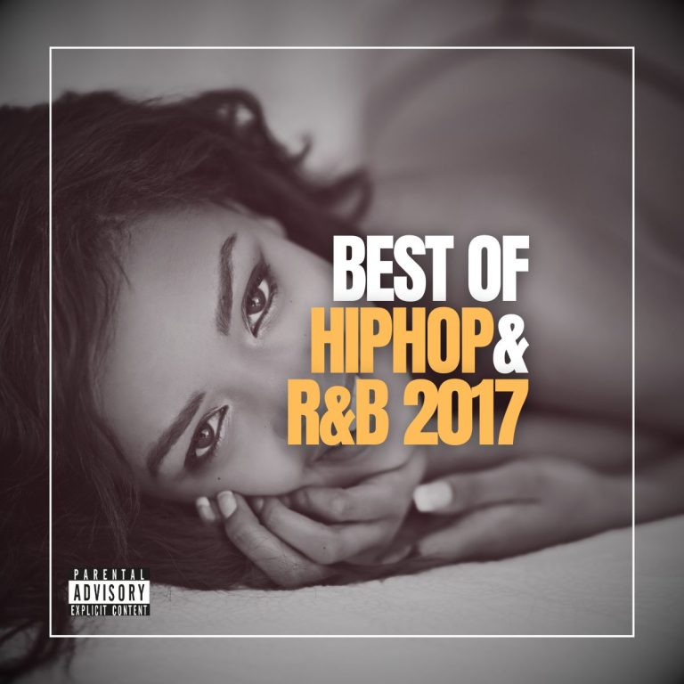 Beautiful dark woman lying on the bed and looking into the camera with a beautiful smile with the text best of hip-hop & R&B 2017.