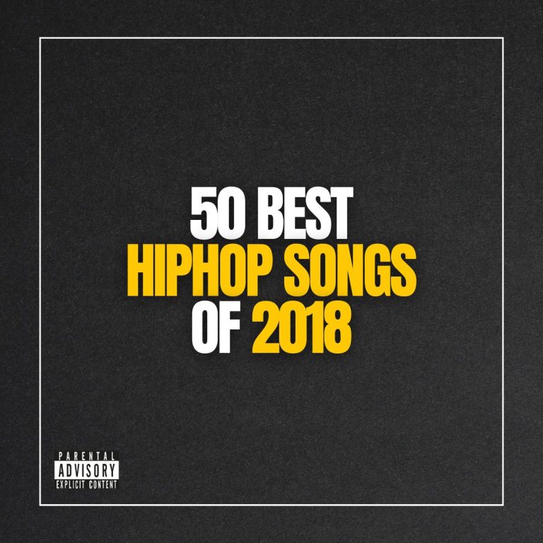 Dark gray background with the text 50 best hip-hop songs of 2018 in white and yellow and a label with parental advisory for explicit content.