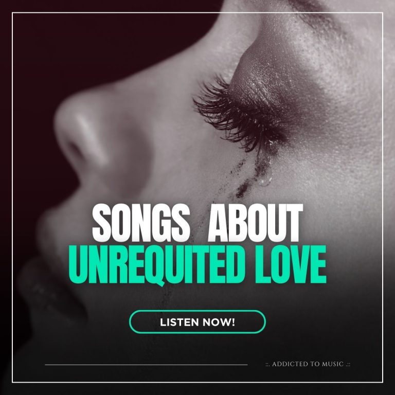 Beautiful sad young woman with her make-up running from her tears, accompanied by the words songs about unrequited love.