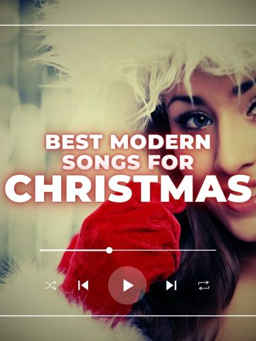 Beautiful young smiling woman dressed as Santa Claus with the words best modern songs for Christmas.