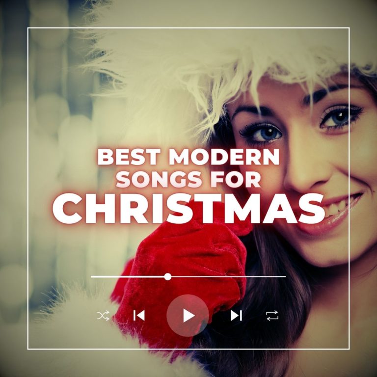 Beautiful young smiling woman dressed as Santa Claus with the words best modern songs for Christmas.