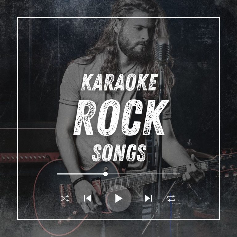 Man with electric guitar and a microphone on a stand getting ready to sing karaoke with the text 'karaoke rock song'.