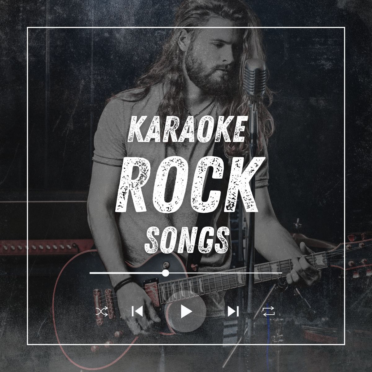 Man with electric guitar and a microphone on a stand getting ready to sing karaoke with the text 'karaoke rock song'.