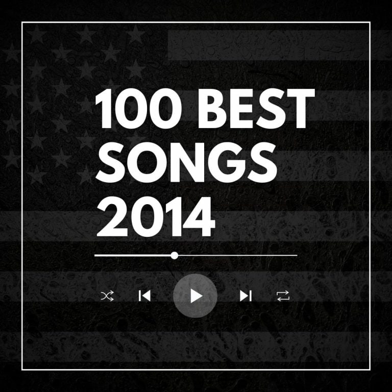 Typed in large type is "100 best songs 2014" with a dark American flag in the background and a playlist interface.