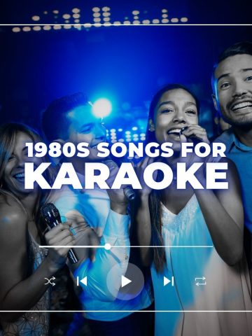 A group of friends with a microphone happily singing in a karaoke bar with the text 1980s songs for karaoke.