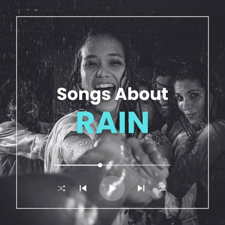 Beautiful woman in the rain dancing with friends reaching out her hand to a man to join the dance with the words 'Songs About Rain'.