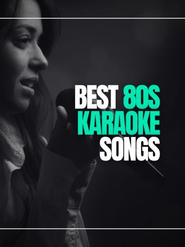Beautiful young woman with a microphone in her hand singing karaoke with the text best 80s karaoke songs.