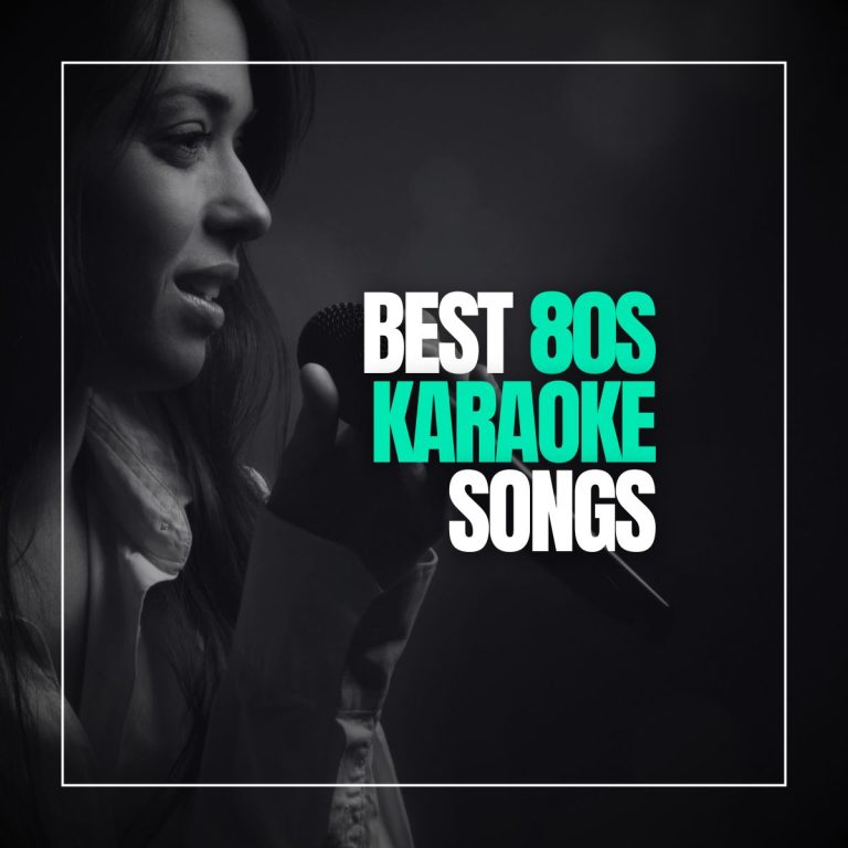 Beautiful young woman with a microphone in her hand singing karaoke with the text best 80s karaoke songs.
