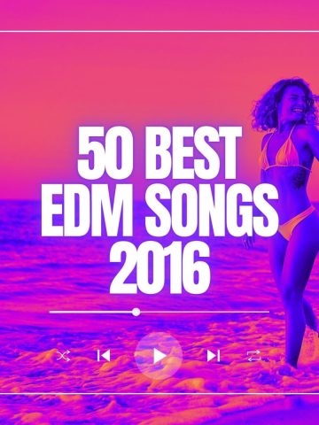Beautiful young woman walking through the surf of the sea in her bikini with the words 50 best edm songs 2016.