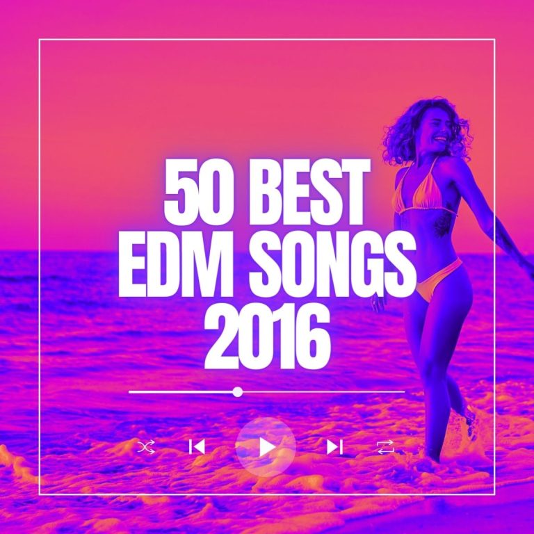 Beautiful young woman walking through the surf of the sea in her bikini with the words 50 best edm songs 2016.