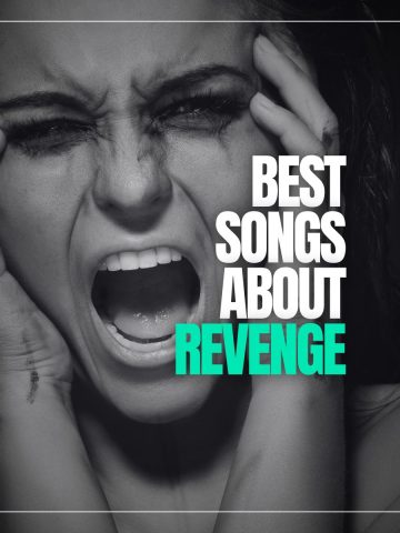 Beautiful woman with drained makeup screaming with her head between her hands and the words best songs about revenge.
