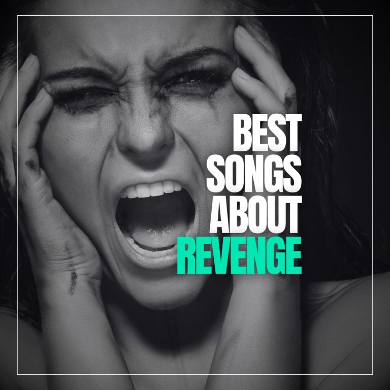 Beautiful woman with drained makeup screaming with her head between her hands and the words best songs about revenge.
