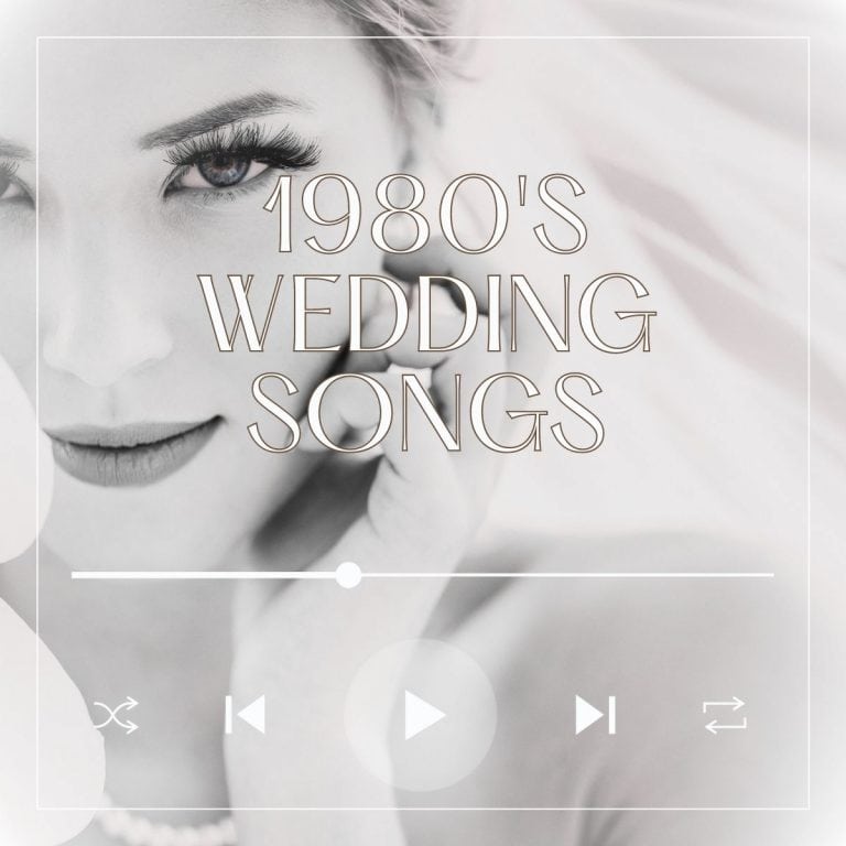 Beautiful bride with veil looking very happy into the camera with the lyrics '1980s wedding songs'.