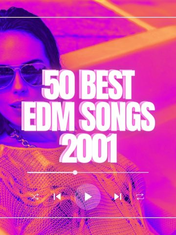 Young beautiful woman wearing sunglasses lying by the pool with the words 50 best edm songs 2001.
