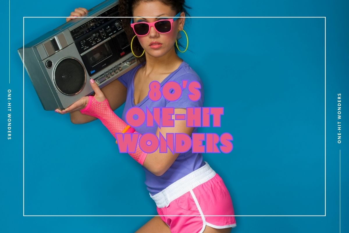 Woman wearing high knee-high socks and sunglasses with a portable radio on her shoulder. With the text "80s One-Hit Wonders."