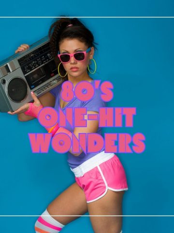 Woman wearing high knee-high socks and sunglasses with a portable radio on her shoulder. With the text "80s One-Hit Wonders."