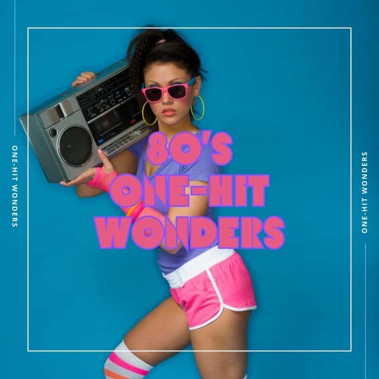 Woman wearing high knee-high socks and sunglasses with a portable radio on her shoulder. With the text "80s One-Hit Wonders."