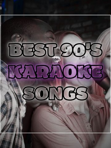A group of friends singing karaoke together with a microphone in hand with the words "best 90s karaoke songs."