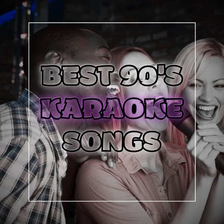A group of friends singing karaoke together with a microphone in hand with the words "best 90s karaoke songs."