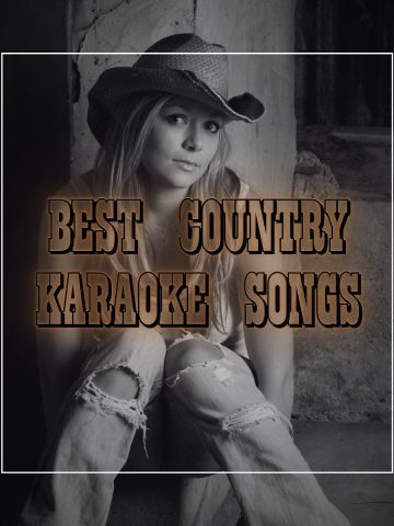 A woman sitting on the floor wearing a cowboy hat and the text "best country karaoke songs"