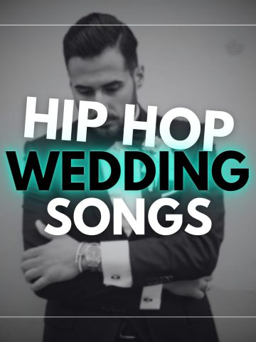 Cool groom with his arms crossed and the words Hip-Hop Wedding Songs