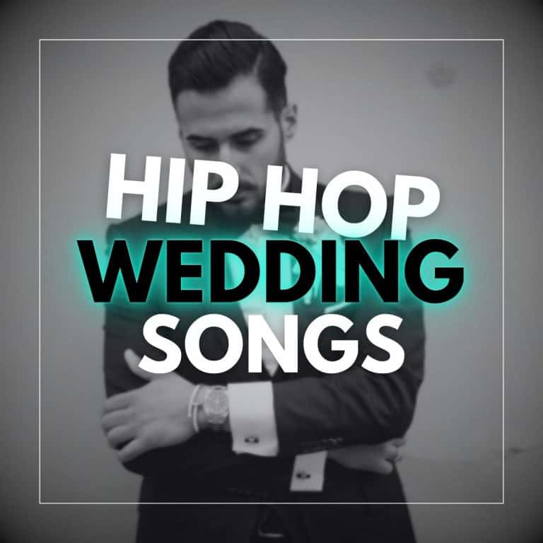 Cool groom with his arms crossed and the words Hip-Hop Wedding Songs