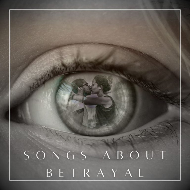 An eye with the reflection of two people kissing each other with the text "songs about betrayal" below it.